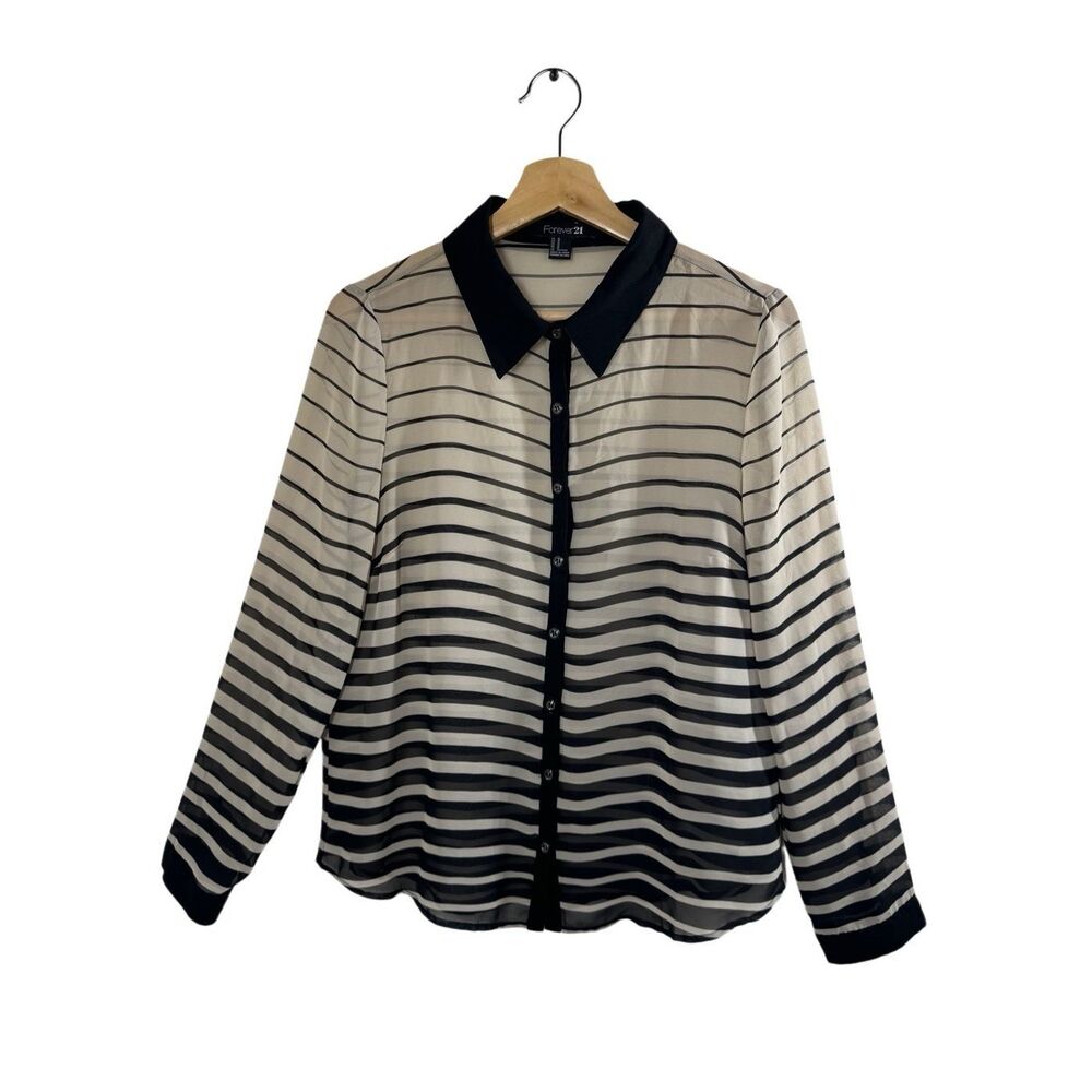 FOREVER 21 Black Striped Long Sleeve Button Up Blouse Size M Sheer Collared